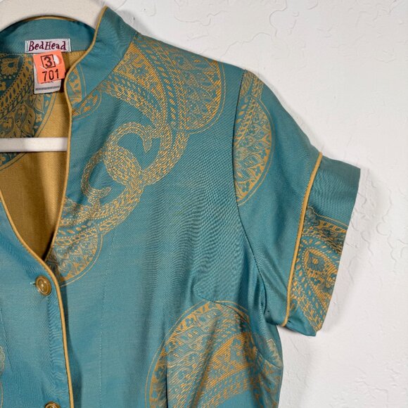 BedHead Jacquard S Set Teal Paisley Design Elastic Waist Button Up Pajamas - Picture 5 of 15